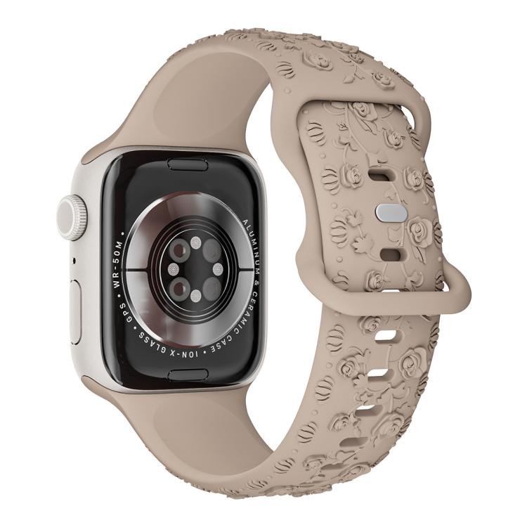 For Apple Watch 46mm / 49mm / 45mm / 44mm Embossed 3D Rose Flower Silicone Watch Band(Milk Tea) - free shipping - PMc TechLife - Order now!