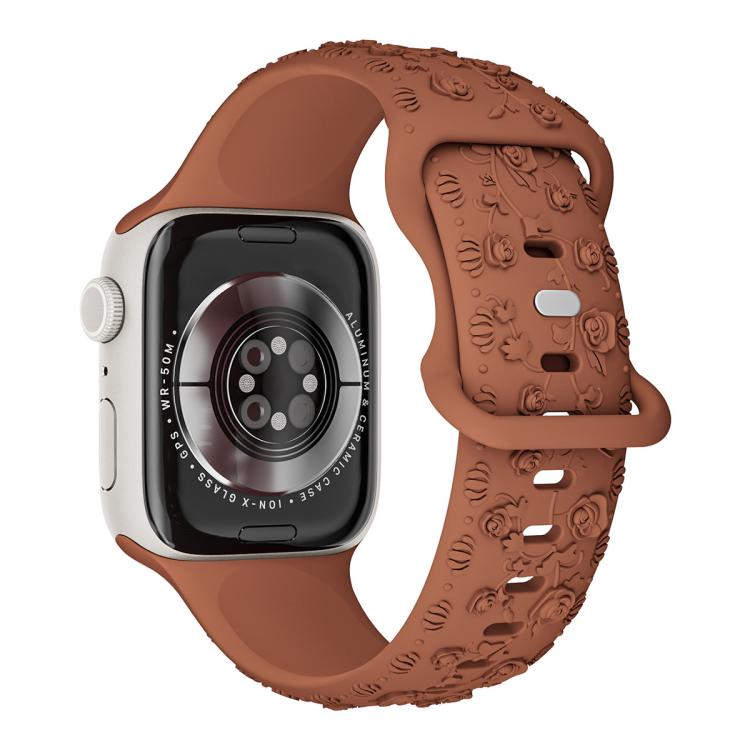 For Apple Watch 46mm / 49mm / 45mm / 44mm Embossed 3D Rose Flower Silicone Watch Band(Brown) - free shipping - PMc TechLife - Order now!