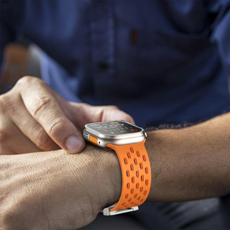 For Apple Watch 46mm / 49mm / 45mm / 44mm Kalebol Mesh Silver Umbrella Buckle Silicone Strap(Orange) - free shipping - PMC TechLife - Order now!