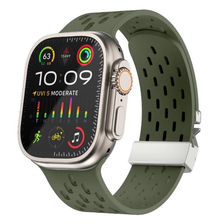 For Apple Watch 46mm / 49mm / 45mm / 44mm Kalebol Mesh Silver Umbrella Buckle Silicone Strap(Army Green) - free shipping - PMC TechLife - Order now!