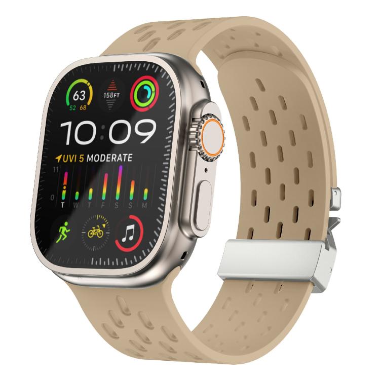For Apple Watch 42mm / 41mm / 40mm / 38mm Kalebol Mesh Silver Umbrella Buckle Silicone Strap(Milk Tea) - free shipping - PMC TechLife - Order now!
