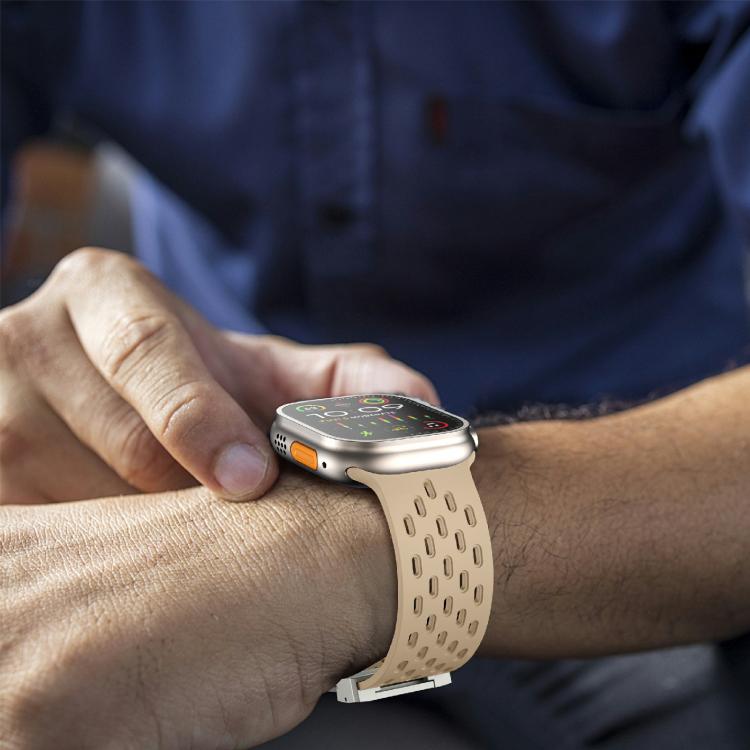 For Apple Watch 42mm / 41mm / 40mm / 38mm Kalebol Mesh Silver Umbrella Buckle Silicone Strap(Milk Tea) - free shipping - PMC TechLife - Order now!