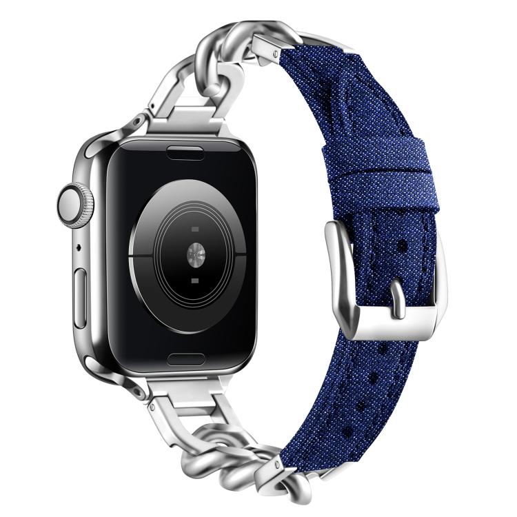 For Apple Watch 42mm / 41mm / 40mm / 38mm Metal Chain Leather Denim Watch Band(Dark Blue) - free shipping - PMc TechLife - Order now!