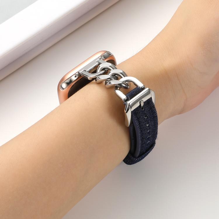 For Apple Watch 42mm / 41mm / 40mm / 38mm Metal Chain Leather Denim Watch Band(Dark Blue) - free shipping - PMc TechLife - Order now!
