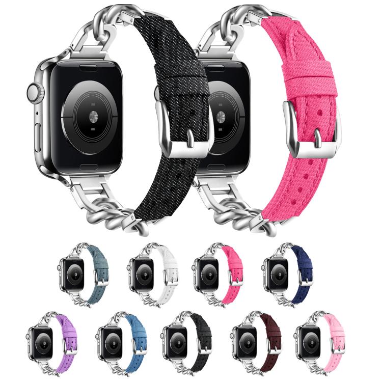 For Apple Watch 42mm / 41mm / 40mm / 38mm Metal Chain Leather Denim Watch Band(Dark Blue) - free shipping - PMc TechLife - Order now!