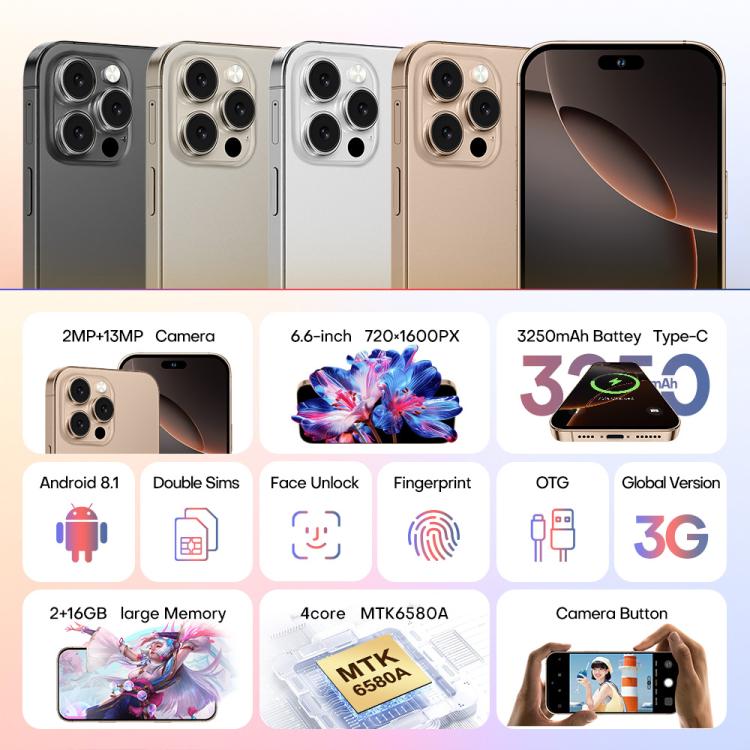 A88 / i16 Pro Max, 2GB+16GB, 6.6 inch Android 8.1 MTK6580A Quad Core, OTG, Network: 3G, Dual SIM, Plug:AU Plug(Desert Gold) - free shipping - PMc TechLife - Order now!