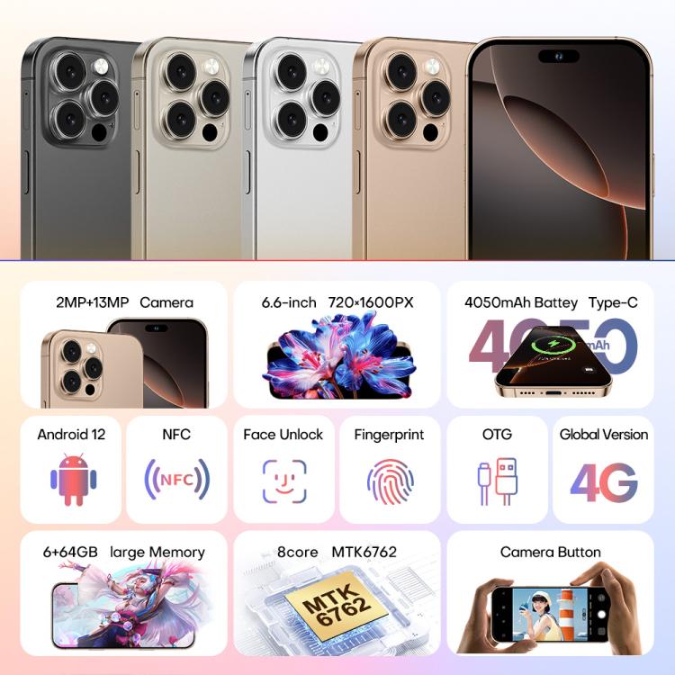 A88A / i16 Pro Max, 6GB+64GB, 6.6 inch Android 12 MTK6762 Helio G25 Octa Core, NFC, OTG, Network: 4G, Dual SIM, Plug:EU Plug(Desert Gold) - free shipping - PMc TechLife - Order now!