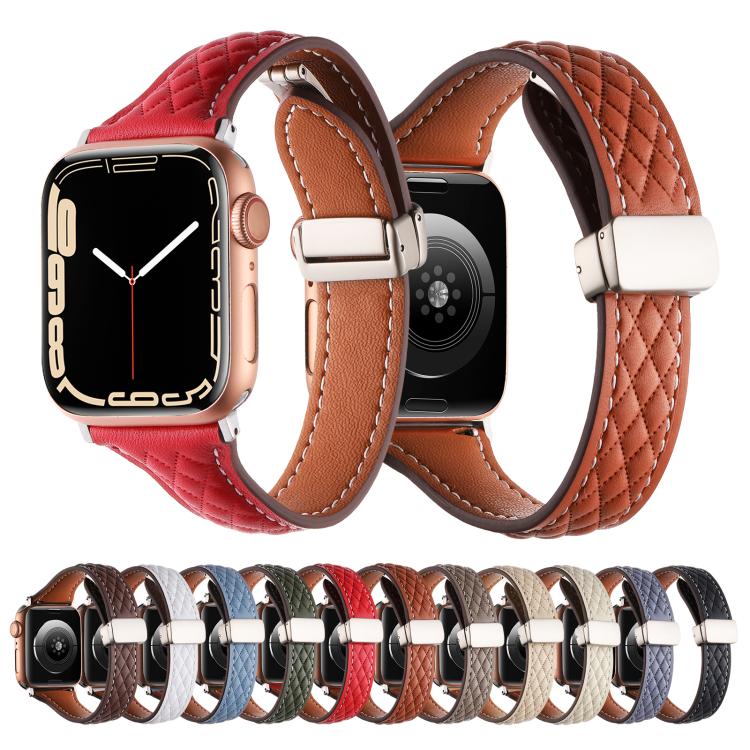 For Apple Watch 46mm / 49mm / 45mm / 44mm Kalebol Diamond Pattern Magnetic Buckle Leather Strap(Mud Grey) - Watch Bands by Kalebol | Online Shopping South Africa | PMC TechLife | Buy Now Pay Later Mobicred