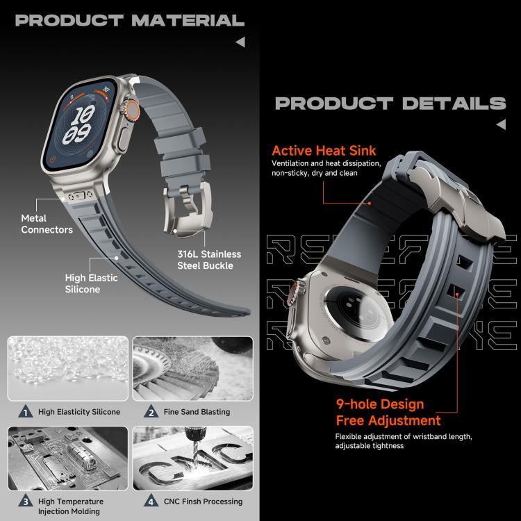 For Apple Watch 46mm / 49mm / 45mm / 44mm Kalebol High Stretch Silicone Armor Watch Band(Titanium Black) - free shipping - PMc TechLife - Order now!