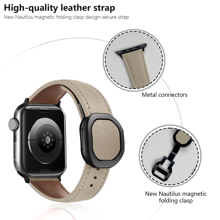 For Apple Watch 46mm / 49mm / 45mm / 44mm Kalebol Magnetic Fold Genuine Buckle Leather Watch Band(Apricot) - free shipping - PMc TechLife - Order now!