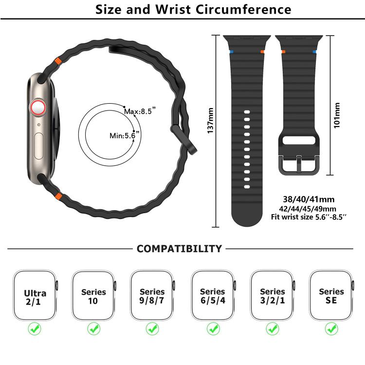 For Apple Watch 46mm / 49mm / 45mm / 44mm Kalebol Wavy Grain Stitched Silicone Watch Band(Black) - free shipping - PMc TechLife - Order now!