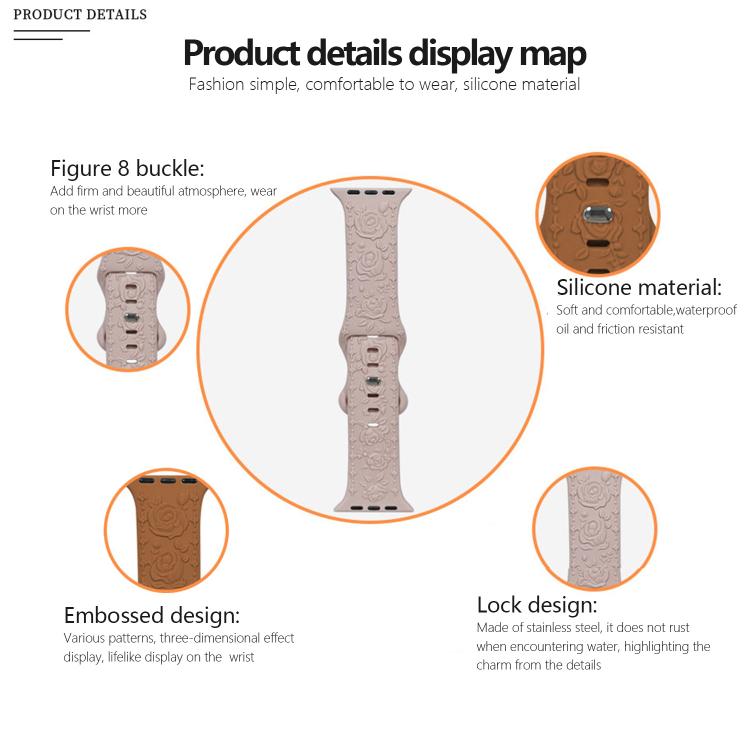 For Apple Watch 42mm / 41mm / 40mm / 38mm Kalebol 8-shaped Buckle Rose Embossed Silicone Watch Band(Cloudy Gray) - free shipping - PMc TechLife - Order now!