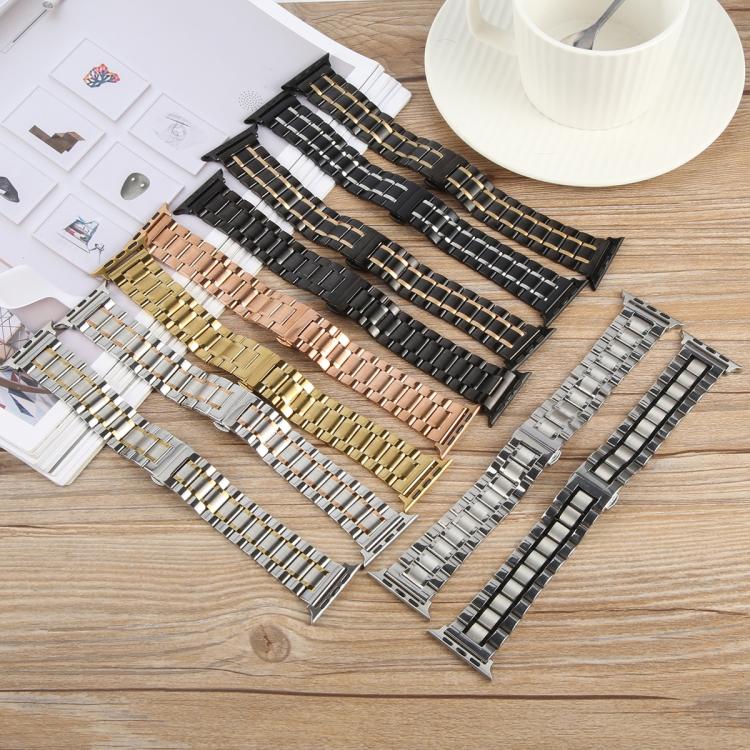 For Apple Watch 42mm / 41mm / 40mm / 38mm Butterfly Buckle New Five Beads Stainless Steel Watch Band(Silver Black) - free shipping - PMc TechLife - Order now!