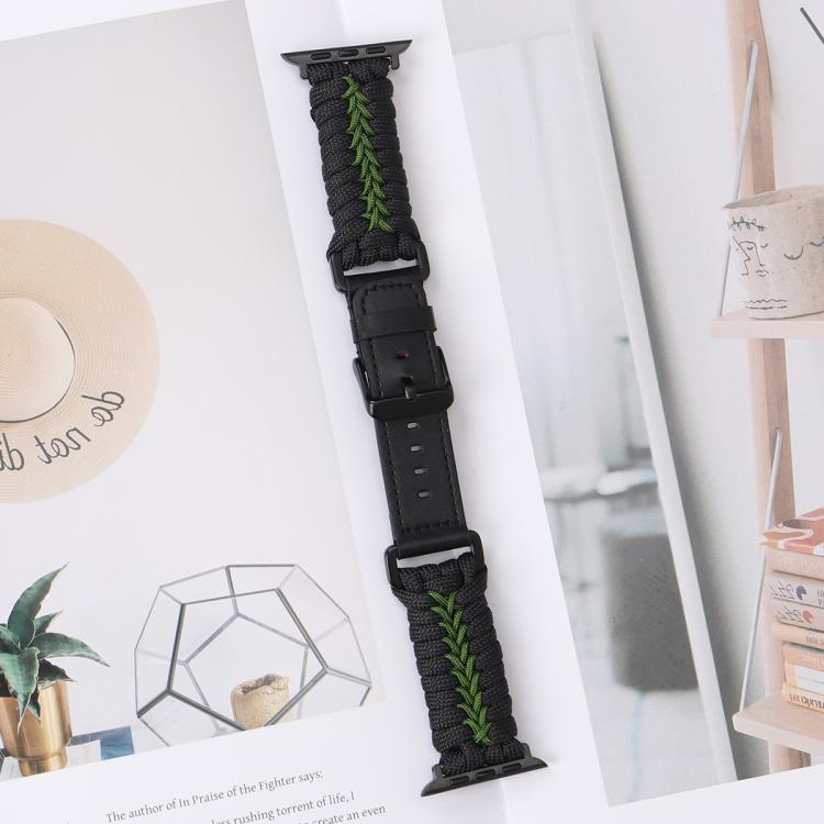 For Apple Watch 46mm / 49mm / 45mm / 44mm Double Leather Buckle Paracord Nylon Watch Band(Green) - Watch Bands by PMc TechLife | Online Shopping South Africa | PMc TechLife | Buy Now Pay Later Mobicred