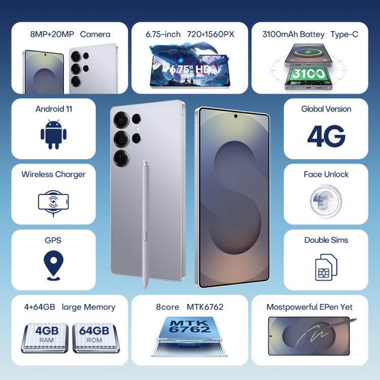 F102 / S25 Ultra, 4GB+64GB, 6.75 inch Android 11 MTK6762 Octa Core, Network: 4G, Dual SIM, Support Wireless Charging, Plug:UK Plug(Titanium Blue) - free shipping - PMc TechLife - Order now!