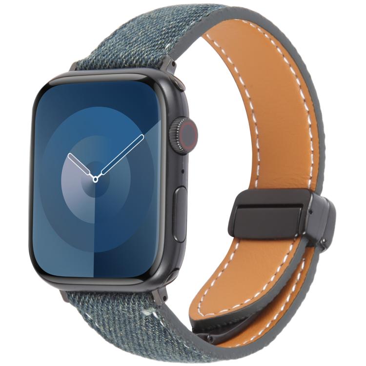 For Apple Watch 46mm / 49mm / 45mm / 44mm Folding Magnetic Buckle Denim Leather Watch Band(Dark Blue) - Watch Bands by PMC TechLife | Online Shopping South Africa | PMC TechLife | Buy Now Pay Later Mobicred