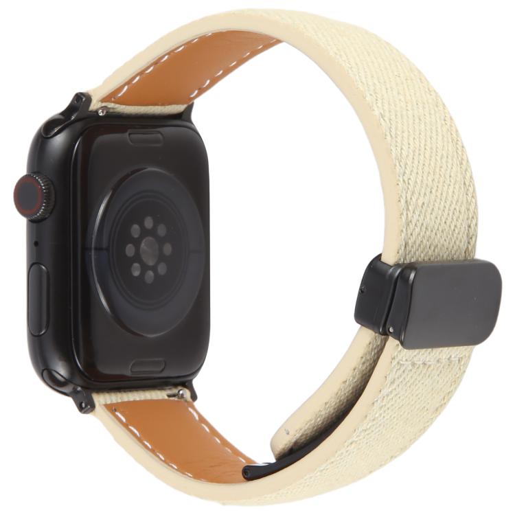 For Apple Watch 46mm / 49mm / 45mm / 44mm Folding Magnetic Buckle Denim Leather Watch Band(Apricot) - Watch Bands by PMC TechLife | Online Shopping South Africa | PMC TechLife | Buy Now Pay Later Mobicred