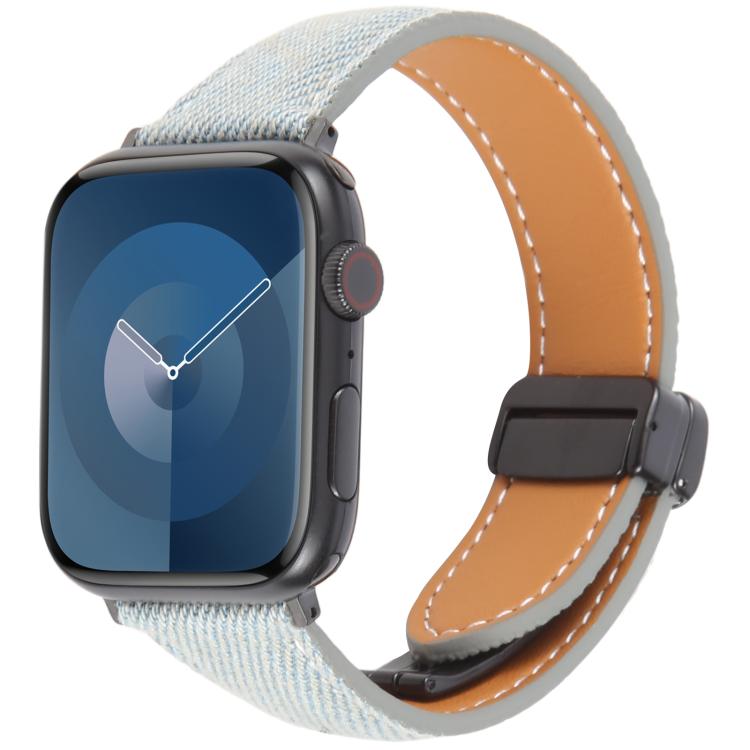 For Apple Watch 42mm / 41mm / 40mm / 38mm Folding Magnetic Buckle Denim Leather Watch Band(Light Blue) - Watch Bands by PMC TechLife | Online Shopping South Africa | PMC TechLife | Buy Now Pay Later Mobicred