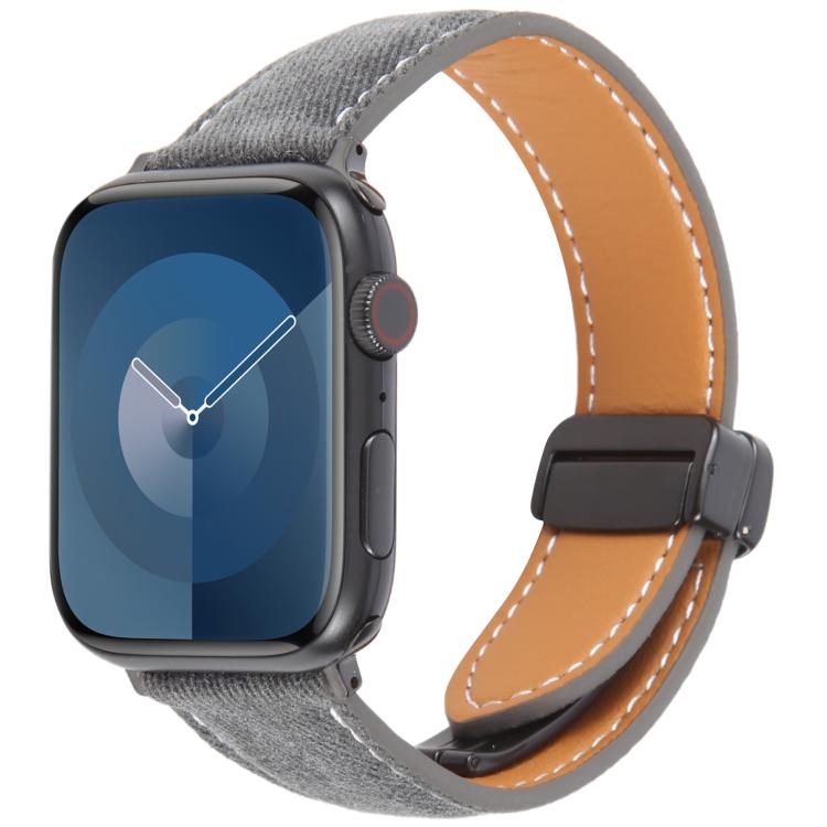 For Apple Watch 42mm / 41mm / 40mm / 38mm Folding Magnetic Buckle Denim Leather Watch Band(Black) - Watch Bands by PMC TechLife | Online Shopping South Africa | PMC TechLife | Buy Now Pay Later Mobicred