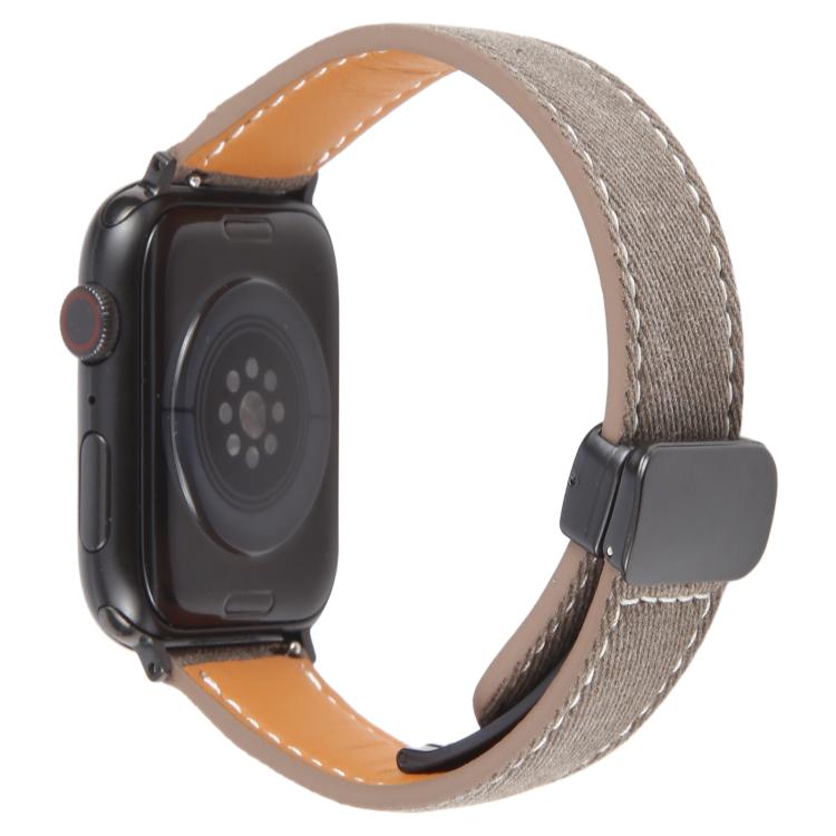 For Apple Watch 42mm / 41mm / 40mm / 38mm Folding Magnetic Buckle Denim Leather Watch Band(Light Brown) - Watch Bands by PMC TechLife | Online Shopping South Africa | PMC TechLife | Buy Now Pay Later Mobicred