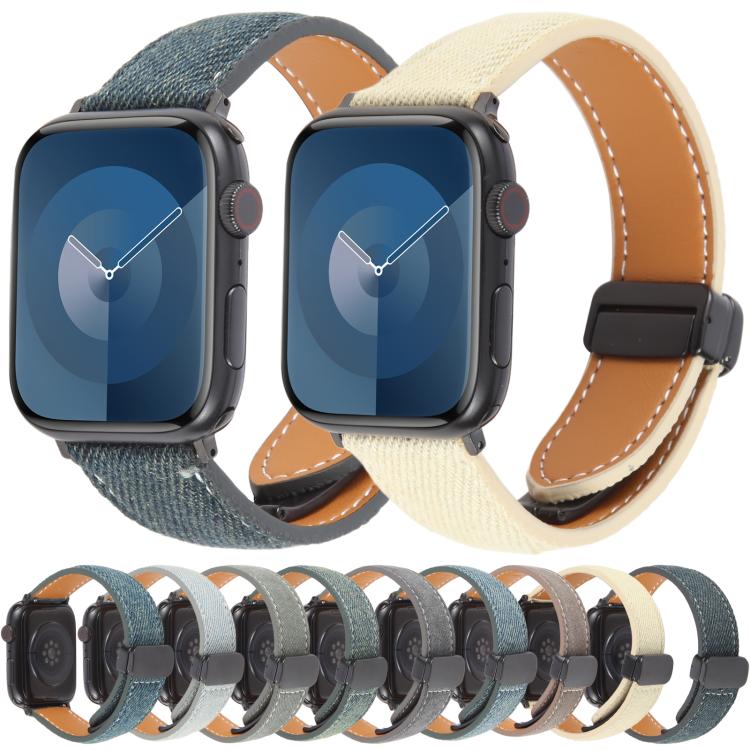 For Apple Watch 46mm / 49mm / 45mm / 44mm Folding Magnetic Buckle Denim Leather Watch Band(Apricot) - Watch Bands by PMC TechLife | Online Shopping South Africa | PMC TechLife | Buy Now Pay Later Mobicred
