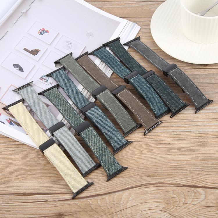 For Apple Watch 46mm / 49mm / 45mm / 44mm Folding Magnetic Buckle Denim Leather Watch Band(Apricot) - Watch Bands by PMC TechLife | Online Shopping South Africa | PMC TechLife | Buy Now Pay Later Mobicred