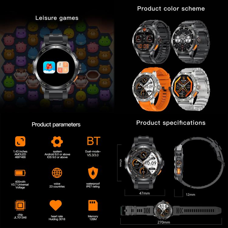 AK77 BT Call Smart Watch, Support Blood Oxygen / Blood Pressure / Heart Rate / Sports Health Monitoring Fitness Tracker(Silver Steel) - free shipping - PMC TechLife - Order now!