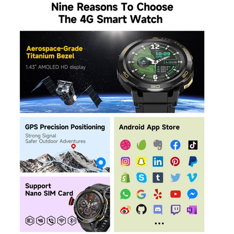 UNIWA DM300 4G Android Watch Phone, 4GB+64GB, 1.43 inc Unisoc SL8541E Quad Core, Support Heart Rate / Blood Oxygen(Black) - free shipping - PMc TechLife - Order now!