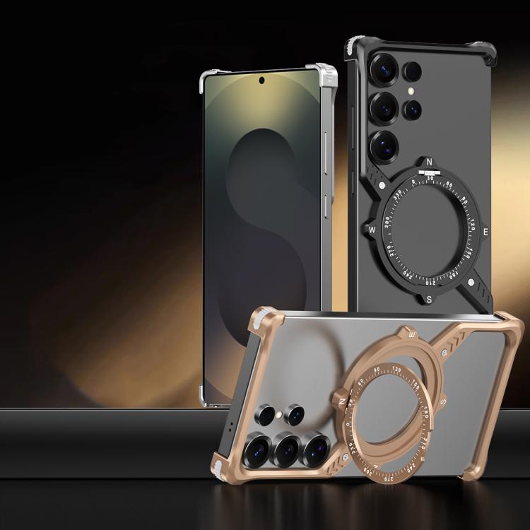 For Samsung Galaxy S22 Ultra 5G S Shaped 360 Holder Airbag Frameless MagSafe Metal Phone Case(Black) - free shipping - PMC TechLife - Order now!