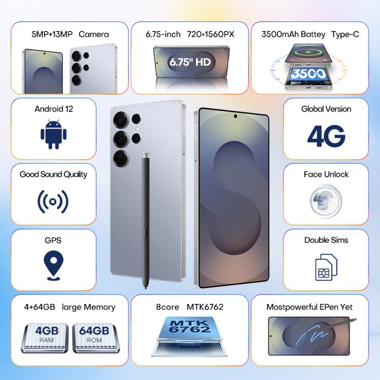 S25 Ultra / Q25, 4GB+64GB, 6.75 inch Android 12 MTK6762 Octa Core, Network: 4G, Dual SIM, with Stylus Pen, Plug:US Plug(Titanium White Sliver) - free shipping - PMc TechLife - Order now!