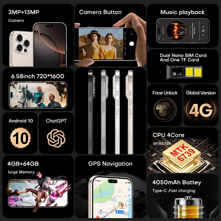 I16 Pro Max / PDQ6, 4GB+64GB, 6.58 inch Android 10 MTK6739 Quad Core, Network: 4G, Dual SIM, Plug:EU Plug(Black) - free shipping - PMc TechLife - Order now!