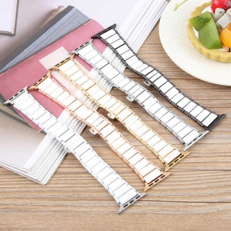 For Apple Watch 42mm / 41mm / 40mm / 38mm Three Beads Ceramics 18mm Steel Watch Band(Gold White) - free shipping - PMC TechLife - Order now!