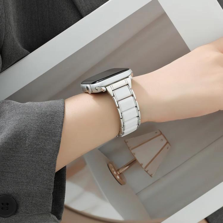 For Apple Watch 42mm / 41mm / 40mm / 38mm Three Beads Ceramics 18mm Steel Watch Band(Silver White) - free shipping - PMC TechLife - Order now!