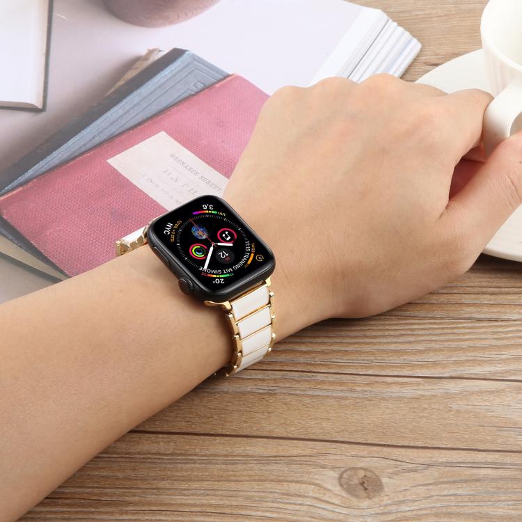 For Apple Watch 42mm / 41mm / 40mm / 38mm Three Beads Ceramics 18mm Steel Watch Band(Rose Gold White) - free shipping - PMC TechLife - Order now!