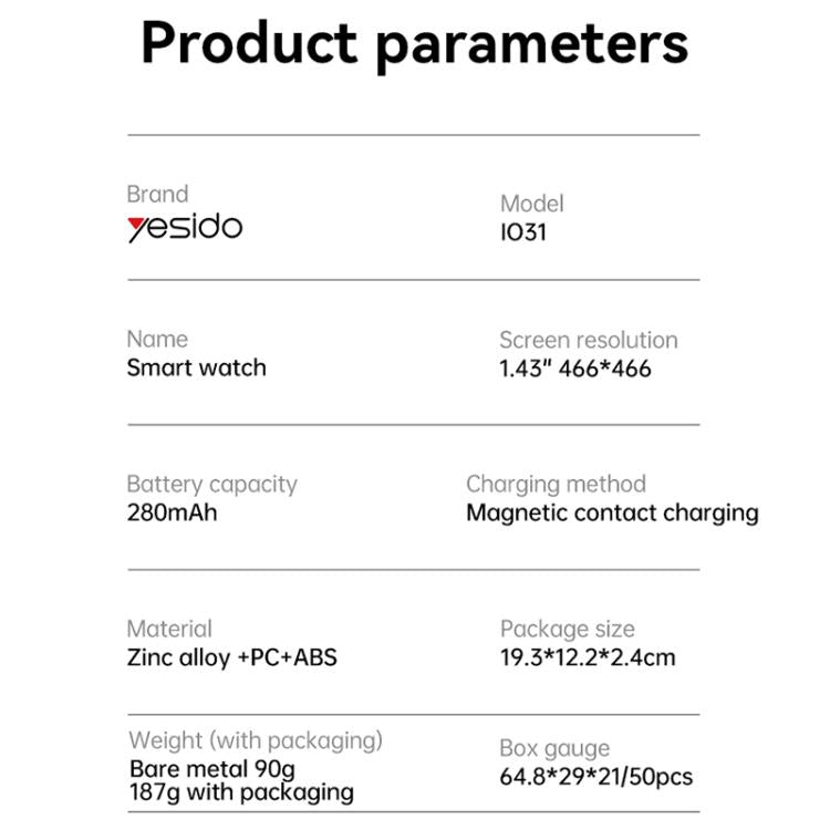 Yesido IO31 1.43 inch AMOLED Screen Smart Watch Support BT Call / Heart Rate(Black) - free shipping - PMC TechLife - Order now!