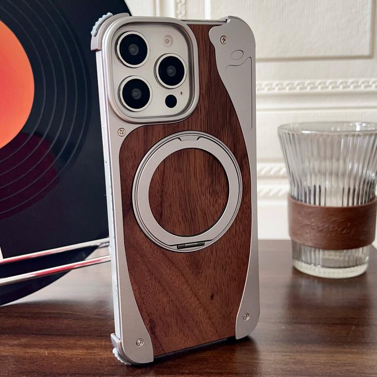 For iPhone 15 Pro Max Walnut Metal Frameless 360 Degree Rotation Holder MagSafe Phone Case(Titanium Color) - free shipping - PMC TechLife - Order now!