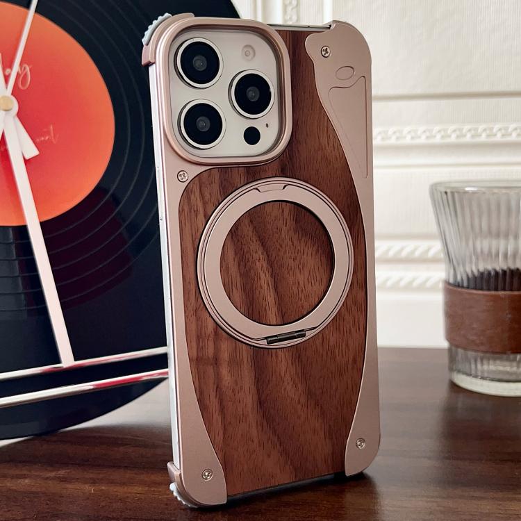 For iPhone 15 Pro Max Walnut Metal Frameless 360 Degree Rotation Holder MagSafe Phone Case(Dessert Gold) - free shipping - PMC TechLife - Order now!