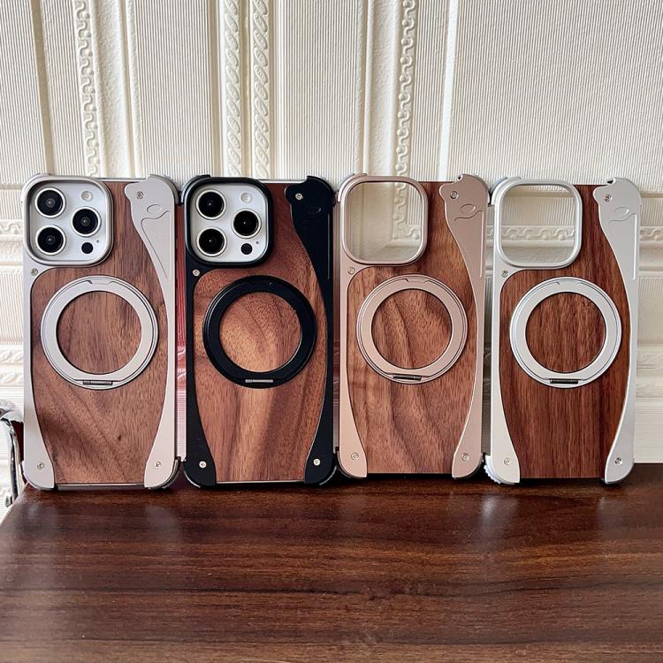 For iPhone 15 Pro Max Walnut Metal Frameless 360 Degree Rotation Holder MagSafe Phone Case(Dessert Gold) - free shipping - PMC TechLife - Order now!