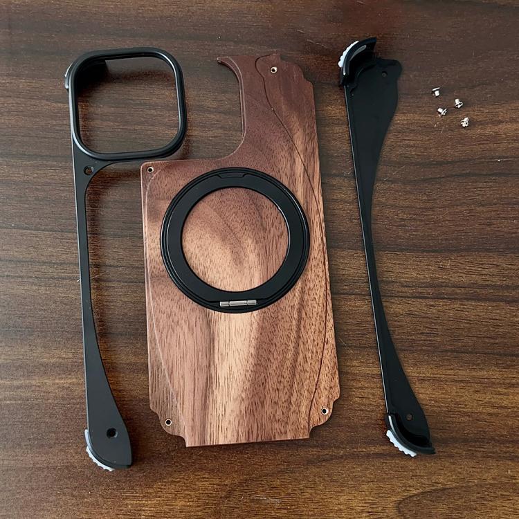 For iPhone 16 Pro Walnut Metal Frameless 360 Degree Rotation Holder MagSafe Phone Case(Dessert Gold) - free shipping - PMC TechLife - Order now!