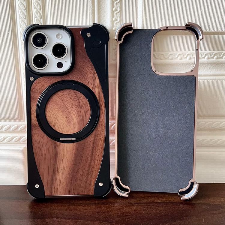 For iPhone 16 Pro Walnut Metal Frameless 360 Degree Rotation Holder MagSafe Phone Case(Dessert Gold) - free shipping - PMC TechLife - Order now!