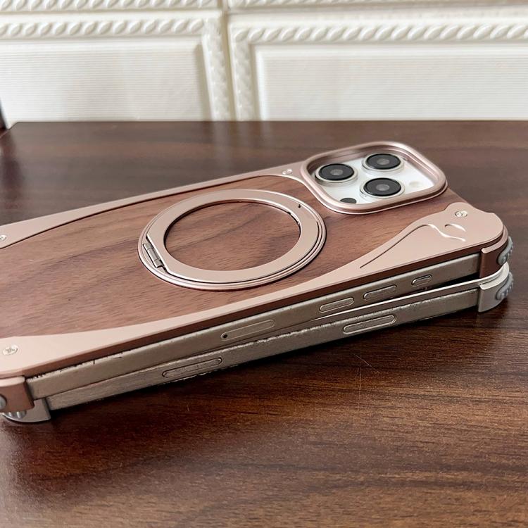 For iPhone 16 Pro Walnut Metal Frameless 360 Degree Rotation Holder MagSafe Phone Case(Black) - free shipping - PMC TechLife - Order now!