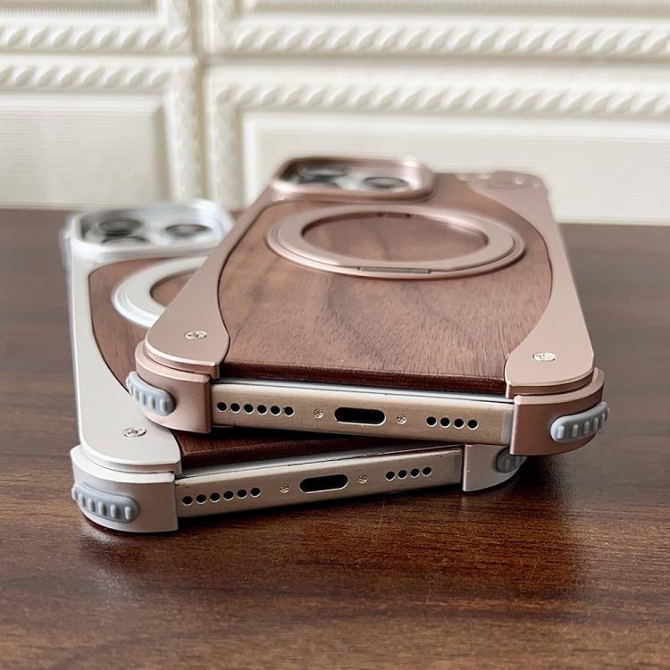 For iPhone 15 Pro Max Walnut Metal Frameless 360 Degree Rotation Holder MagSafe Phone Case(Dessert Gold) - free shipping - PMC TechLife - Order now!