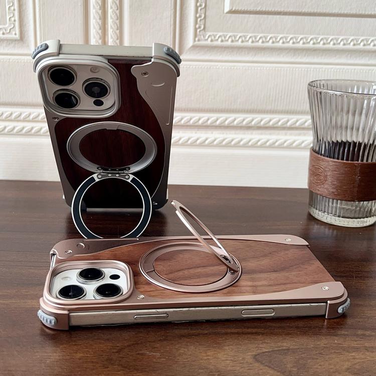 For iPhone 16 Pro Walnut Metal Frameless 360 Degree Rotation Holder MagSafe Phone Case(Dessert Gold) - free shipping - PMC TechLife - Order now!