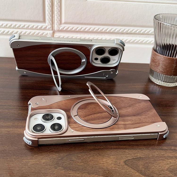 For iPhone 15 Pro Max Walnut Metal Frameless 360 Degree Rotation Holder MagSafe Phone Case(Dessert Gold) - free shipping - PMC TechLife - Order now!