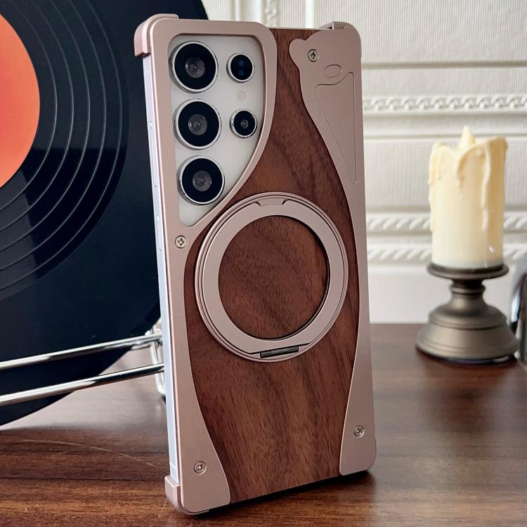 For Samsung Galaxy S23 Ultra 5G Walnut Metal Frameless 360 Degree Rotation Holder MagSafe Phone Case(Dessert Gold) - free shipping - PMC TechLife - Order now!