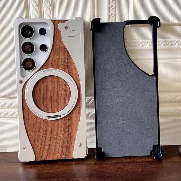 For Samsung Galaxy S25 Ultra 5G Walnut Metal Frameless 360 Degree Rotation Holder MagSafe Phone Case(Black) - free shipping - PMC TechLife - Order now!