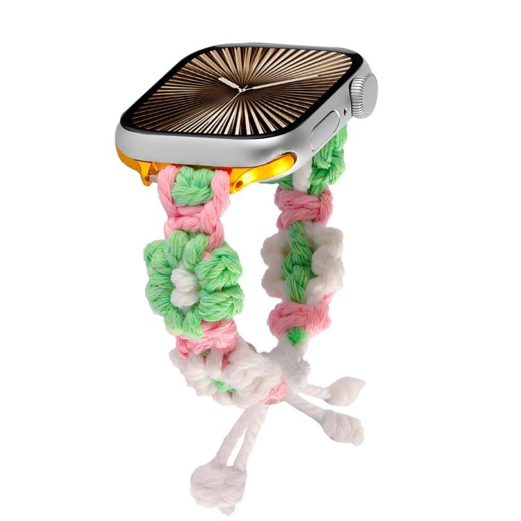 For Apple Watch 46mm / 49mm / 45mm / 44mm Hemp Rope Woven Flowers Drawstring Watch Band(Green White) - free shipping - PMC TechLife - Order now!
