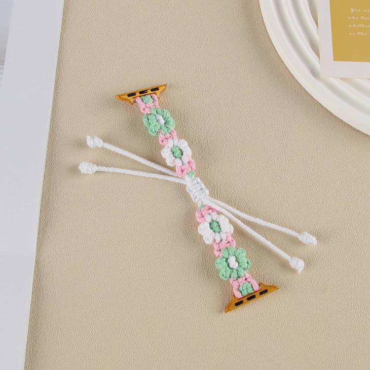 For Apple Watch 46mm / 49mm / 45mm / 44mm Hemp Rope Woven Flowers Drawstring Watch Band(Green White) - free shipping - PMC TechLife - Order now!