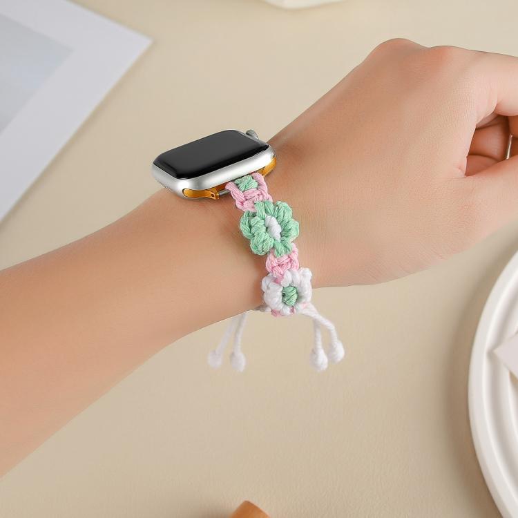 For Apple Watch 46mm / 49mm / 45mm / 44mm Hemp Rope Woven Flowers Drawstring Watch Band(Green White) - free shipping - PMC TechLife - Order now!