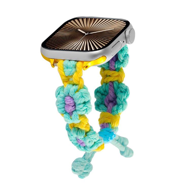 For Apple Watch 46mm / 49mm / 45mm / 44mm Hemp Rope Woven Flowers Drawstring Watch Band(Teal Green) - free shipping - PMC TechLife - Order now!